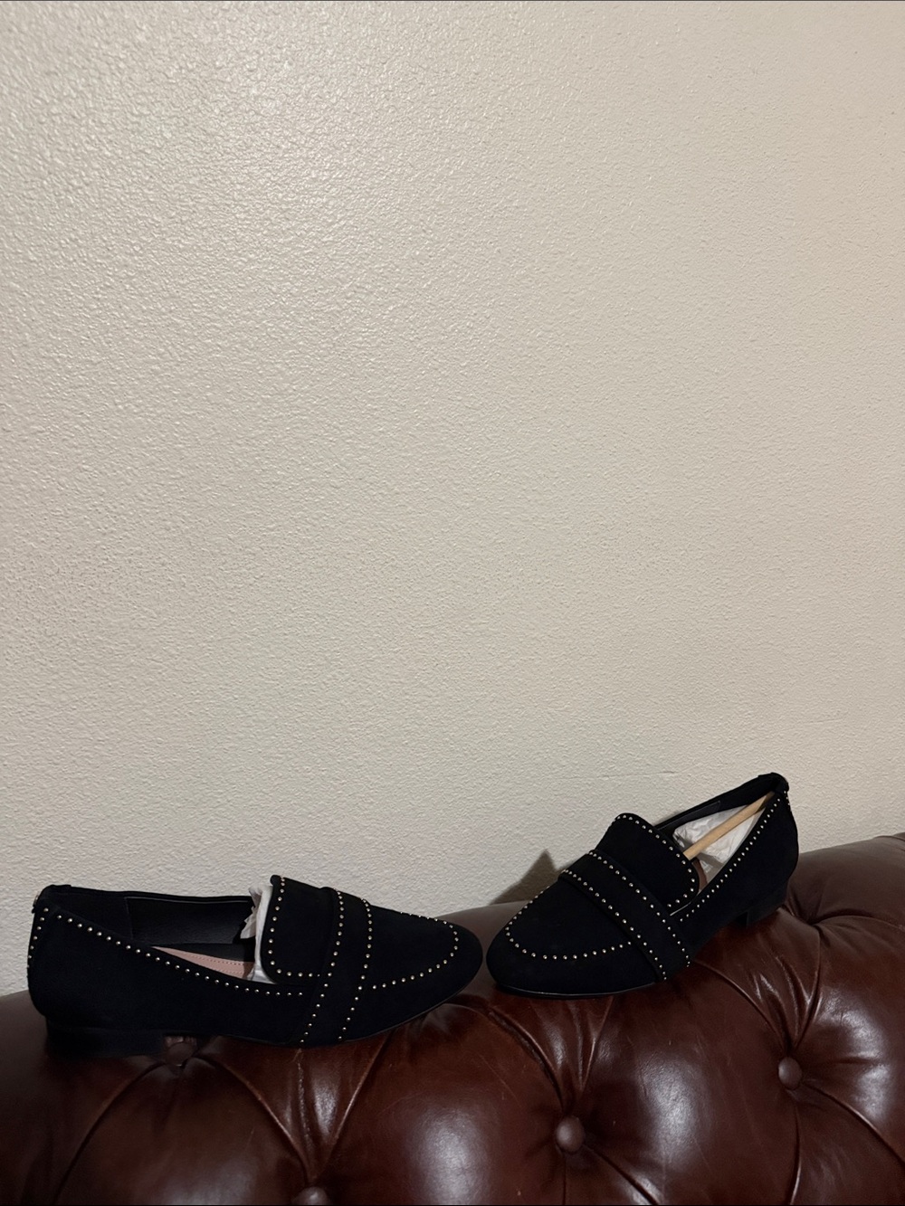 Taryn Rose Black Suede Loafers with Gold Stud Accents